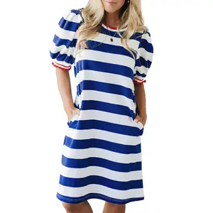 Mntaor Women's 4th of July Summer Striped Shift Mini Dress - Contrast Trim, Round Neck, Puff Sleeves - Flowy, Comfortable, Y2K Aesthetic - Ideal for Office Casual, Weekend Outings - Pair with Wedges or Boots