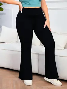 【Plus Size】 Solid High Waist Flare Leg Sports Leggings, High Stretch Fitness Yoga Pants, Ladies Sportswear for Indoor Outdoor Wear, Solid Color Leggings, Gym Sportswear Bottoms, Flared Yoga Bottoms
