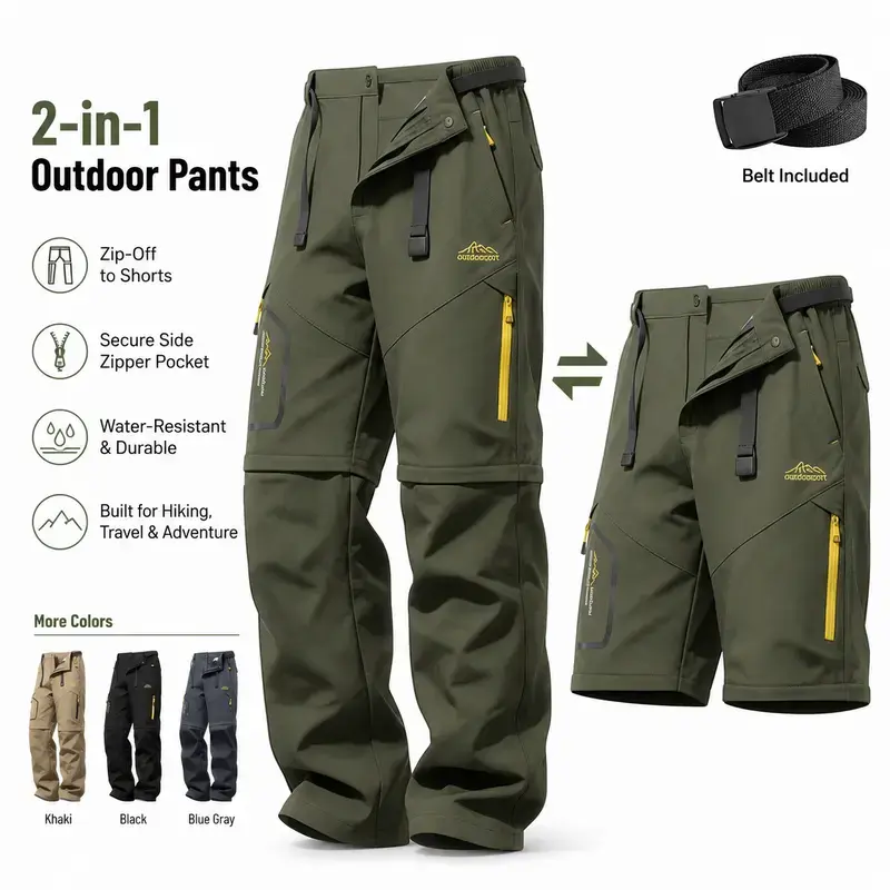 Men’s multifunctional 2-in-1 detachable hardshell pants, water-resistant and breathable functional cargo long pants, suitable for mountain hiking, outdoor fishing, and travel adventure activities