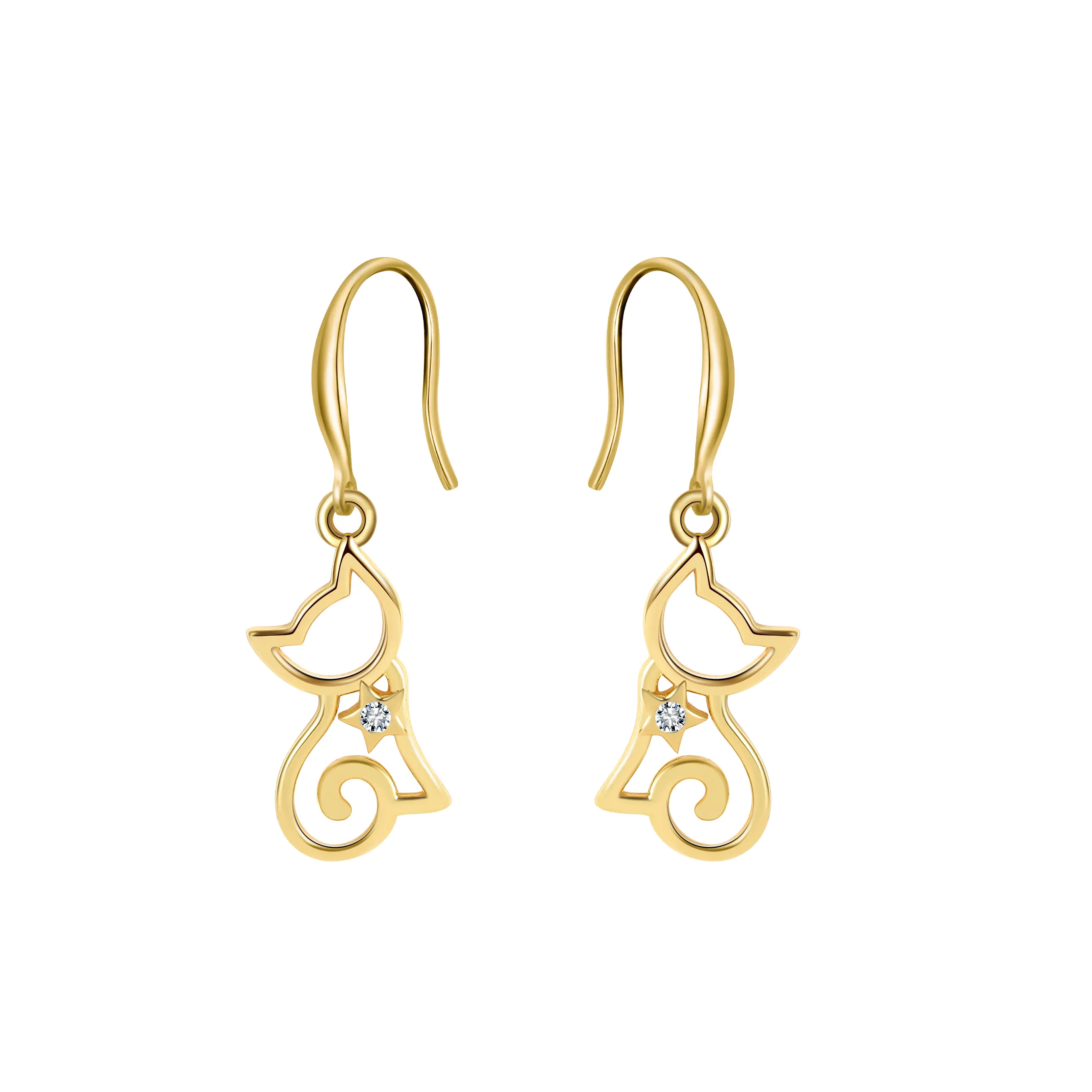 Cat Dangle Earrings for Women by Ginger Lyne | Sterling Silver Cubic Zirconia| Lightweight Open Hook Kitty Silhouette | Fashion Jewelry or Holiday Gift for Her