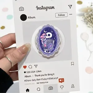 (Purple) Gothic Skeleton Reading Book Phone Grip Purple Celestial Skull Aesthetic Grip Stand, Spooky Cute Phone Holder, Witchy Gift for Book Lovers