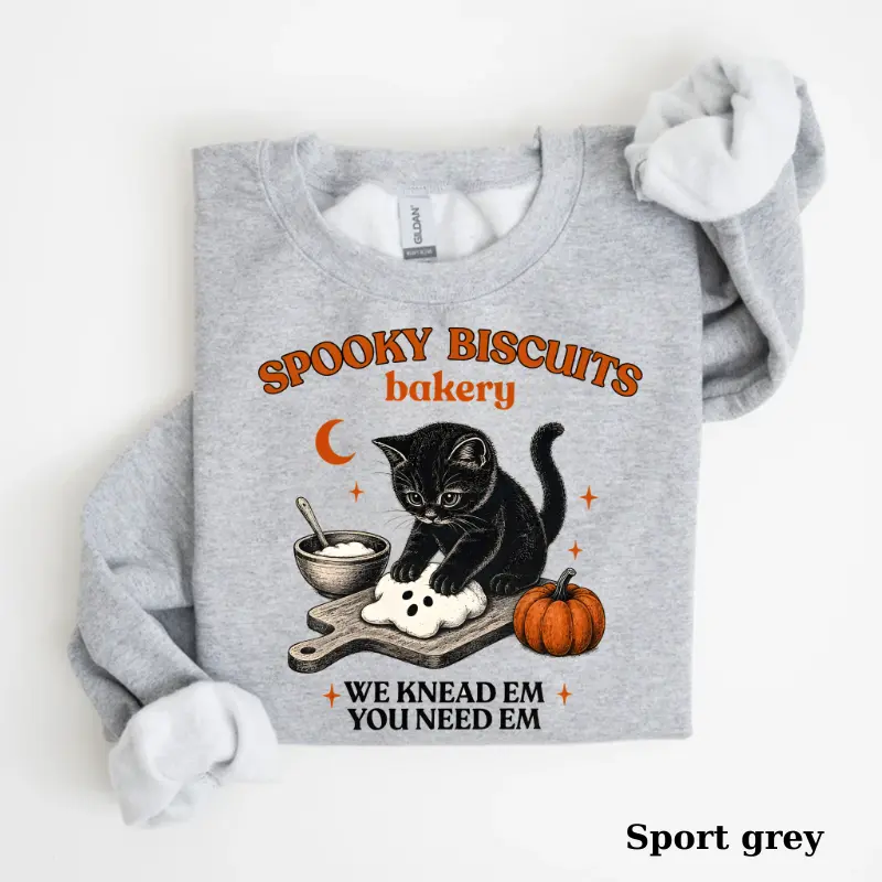 Kitty Biscuits Sweatshirt, Spooky Season Black Cat Halloween Crewneck, Vintage Baking Pumpkin Pullover, Cute Cat Lover Fall Sweatshirt Gift
