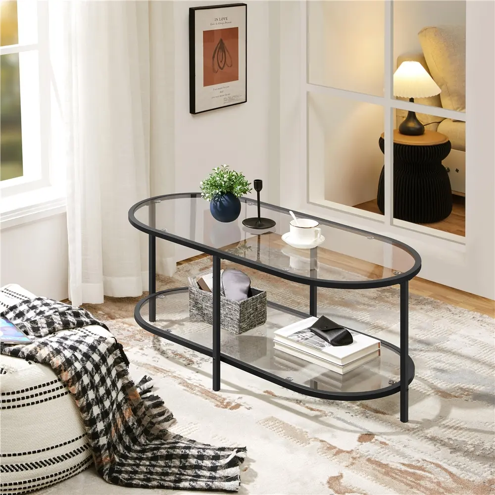 Yaheetech Glass Coffee Table, 42in Oval Coffee Table for Living Room, Modern Minimal 2-Tier Center Table with Metal Frame for Small Space, Apartment, Office Yaheetech Glass Coffee Table, 42in Oval Coffee Table for Living Room, Modern Minimal 2-Tier Center Table with Metal Frame for Small Space, Apartment, Office