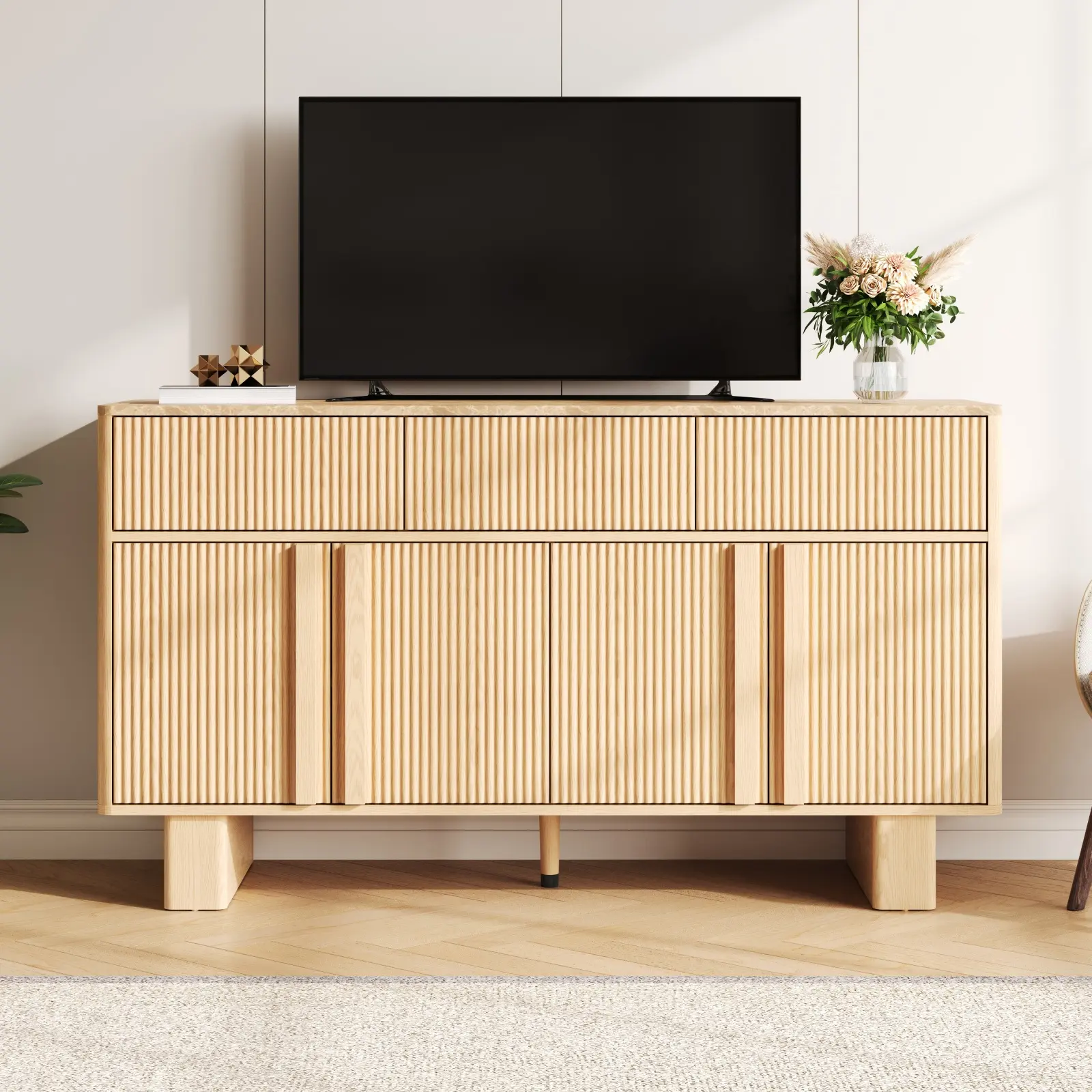 Arc-shaped buffet cabinet,4 door slide and 1 drawer, Light Oak