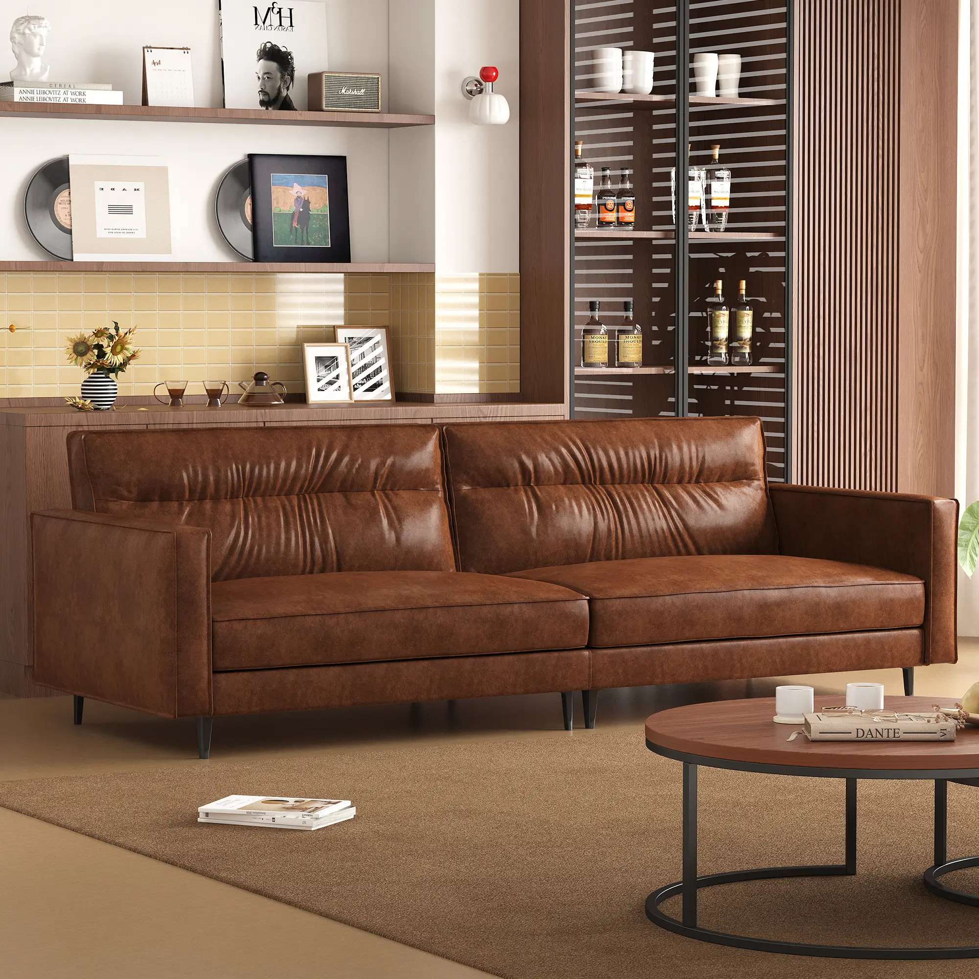 Vintage Mid-Century 3-Seater Leather Sofa – 86.61" W Brown Couch with Metal Legs, Removable Backrest