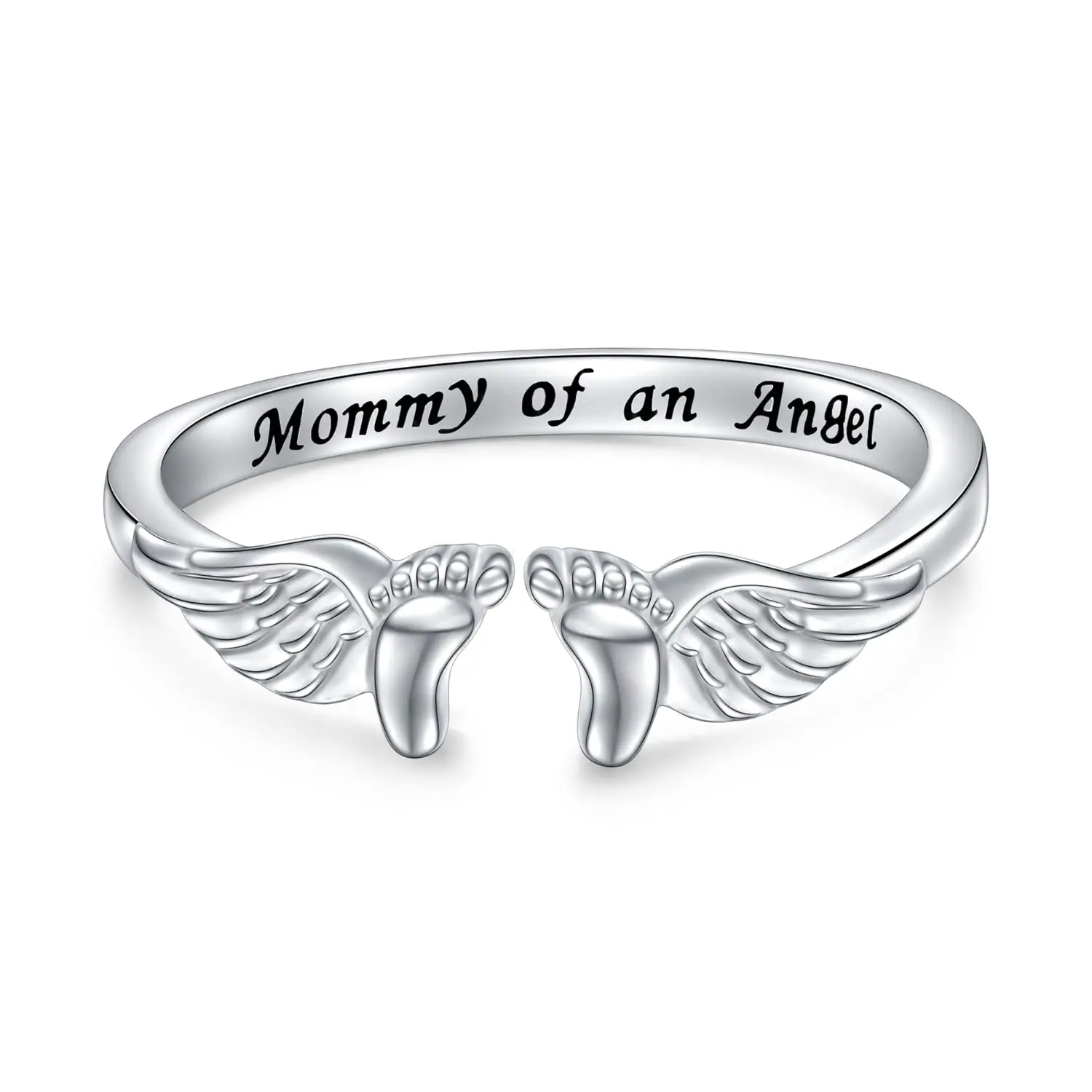 Women's Polished Silver Angel Memorial Ring - Adjustable Footprint Wing Cuff, Mom Sympathy Gift, Angel Ring for Everyday & Special Occasion Wear, Angel Ring Rings