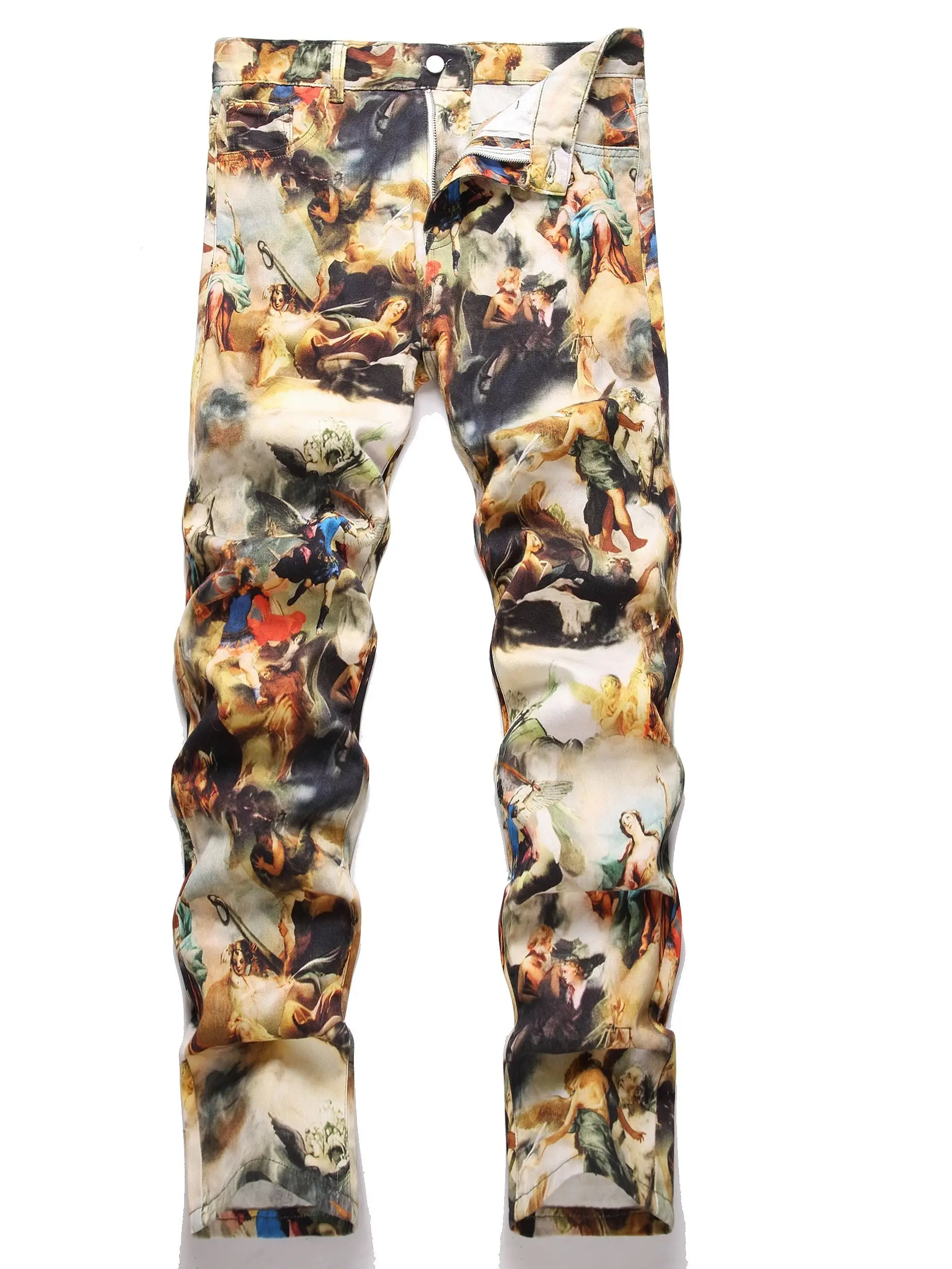 Men's Streetwear Jeans with Renaissance Angel Oil Painting Print, Slim Fit Vintage Style Denim, Casual Party Pants, Menswear, Bold Art Denim, Retro Art Vibe, Standout Oil Print, Trouser, Tight Jeans, Casual Wear, Retro Vibe, H Type, Watch Party, Evening,,