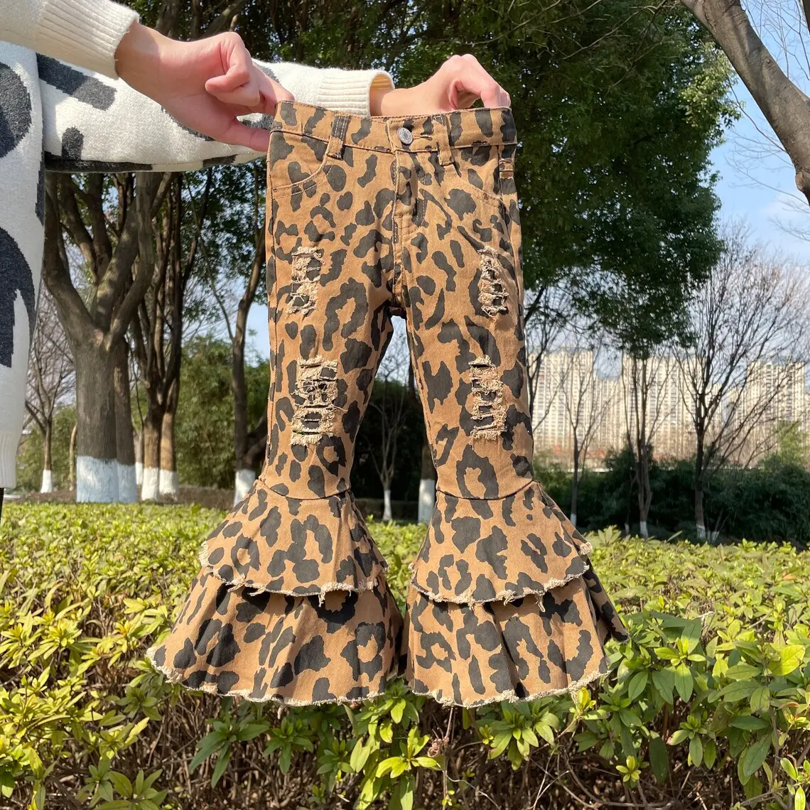 Toddler Girls' High-Waisted Leopard Ruffled Flared Jeans - Cotton-Spandex Blend Denim Bell Bottom Pants with Zip, All Seasons Party Wear Bottoms, High Waisted Jeans