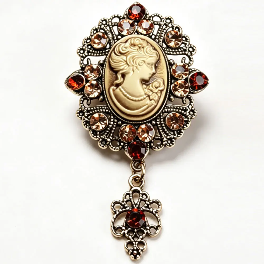 Vintage Cameo Crystal Brooch Victorian Lady Silhouette Pin for Wedding Suitable for Coats Scarves Hats Bags