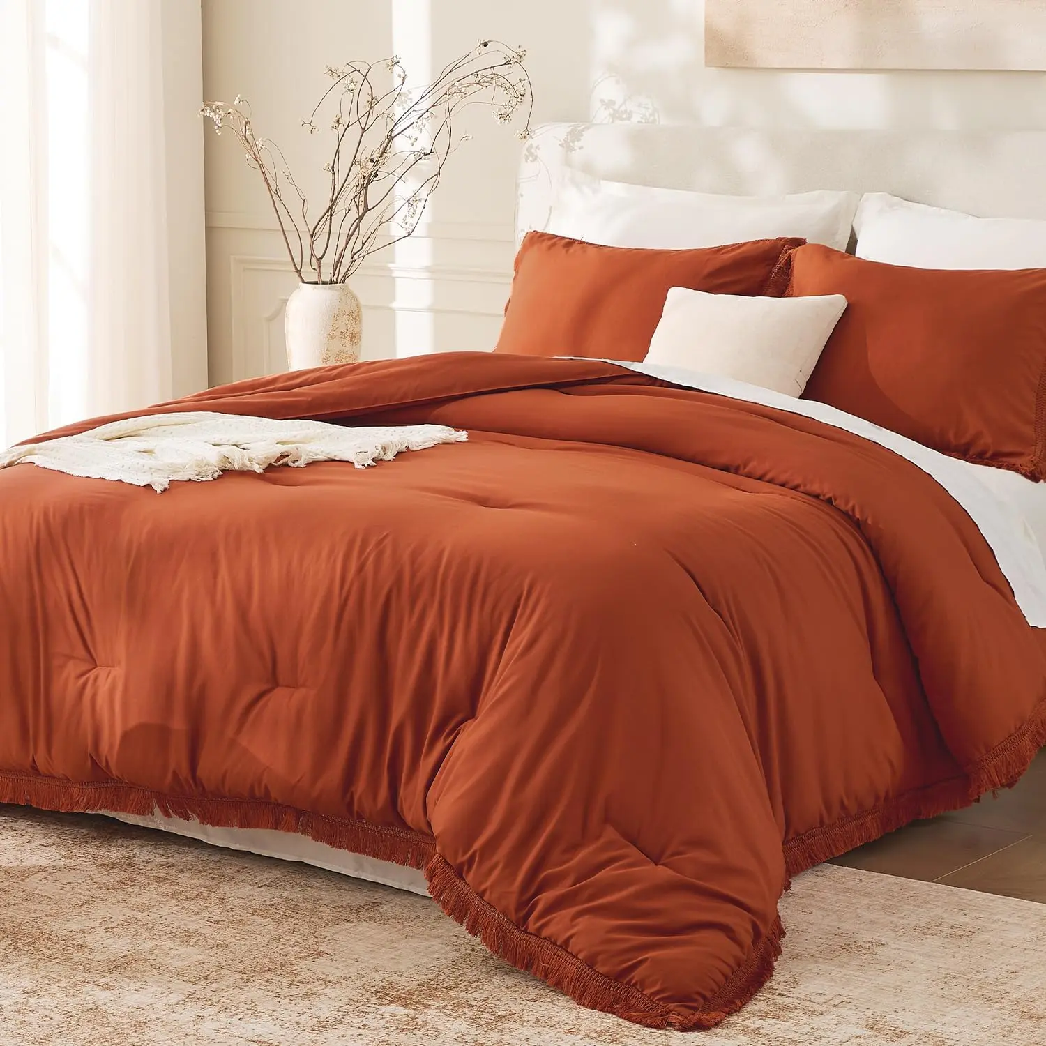 King Size Comforter Set Burnt Orange, 3 Pieces Boho Terracotta Soft Lightweight Bedding Comforter Sets, Rust Tassel All Season Bed Set (104x90In Comforter & 2 Pillowcases)