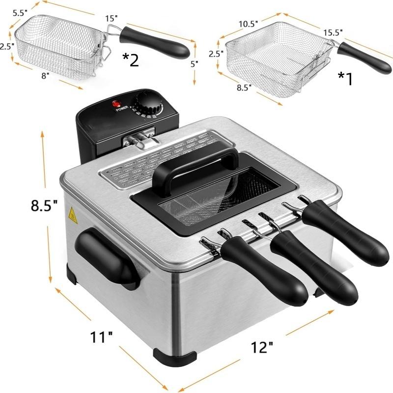 5L stainless steel, 1400 watt electric fryer, 1 large basket and 2 small baskets dual-use - classic stainless steel cookware with cold touch function, American standard three plug