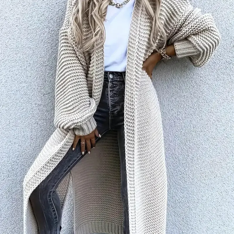 Women's Soft Solid Color Drop Shoulder Split Hem Long Cardigan, Casual Long Sleeve Open Front Knitwear for Fall & Winter Essential, Fashion Women's Knit Clothing for Daily Wear