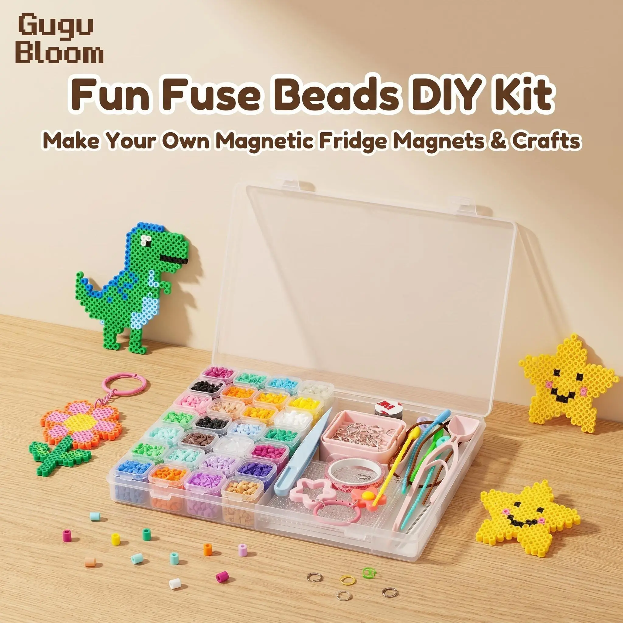 Gugu Bloom 28 Color Plastic Fuse Beads Set, 2.6mm 3D Pixel Puzzle Bead, Fridge Magnet, DIY Craft Bead Kit with Nail Board, Ironing Paper, Tweezers and DIY Beading Accessories, DIY Jewelry Accessories, DIY Jewelry Making, Party Kids Gifts