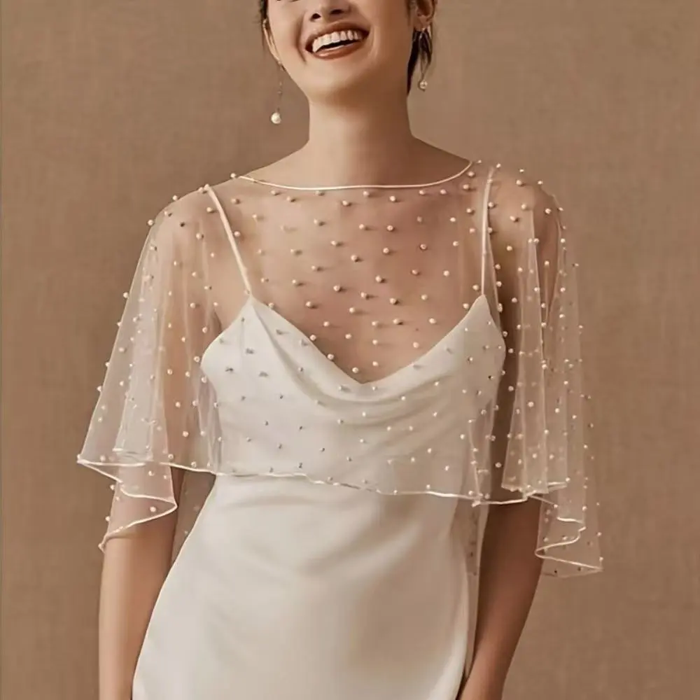Women’s Pearl Embellished Bridal Cape, Short Front Long Back Bolero Cloak, Elegant Wedding Wrap Shawl, Lightweight Evening Cover-Up for Bridal & Formal Occasions,back to school,back to school haul
