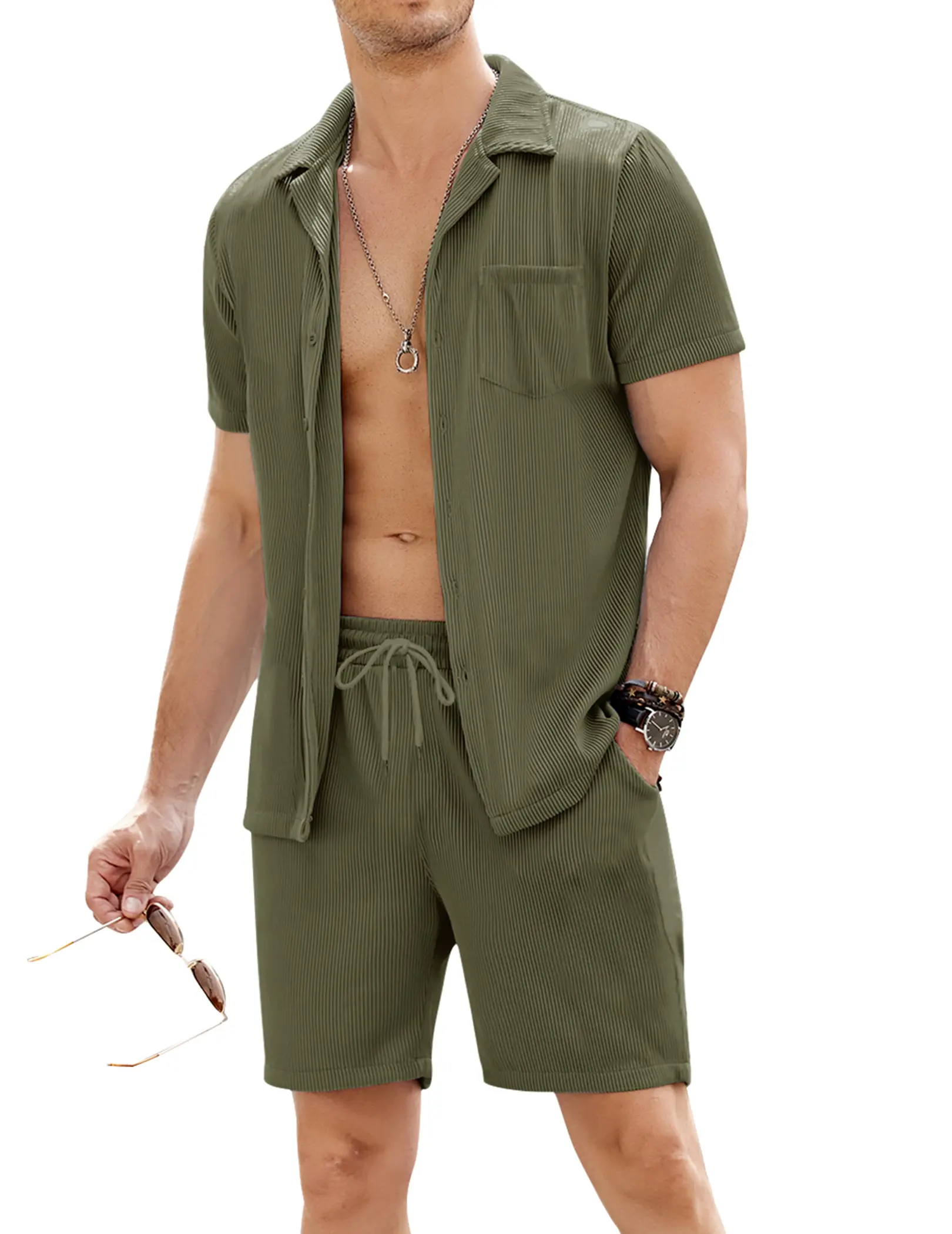 COOFANDY B Men's 2 Pieces Shirt Sets Short Sleeve Casual Button Down Hippie T-Shirts Shorts Sets Summer Fashion Beach Outfits Menswear Comfy