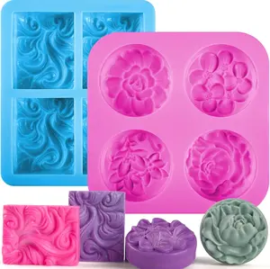 2 Pack Silicone Soap Molds 6 Cavities Rectangle Round Soap Molds Wave Flower Shapes Molds for Soap Making Handmade Cake Mousse Bake Molds