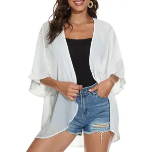 Women's Floral Print Puff Sleeve Kimono Cardigan - Loose Clothes Cover-Up, Casual Blouse Top for Women's Clothes Daily Wear