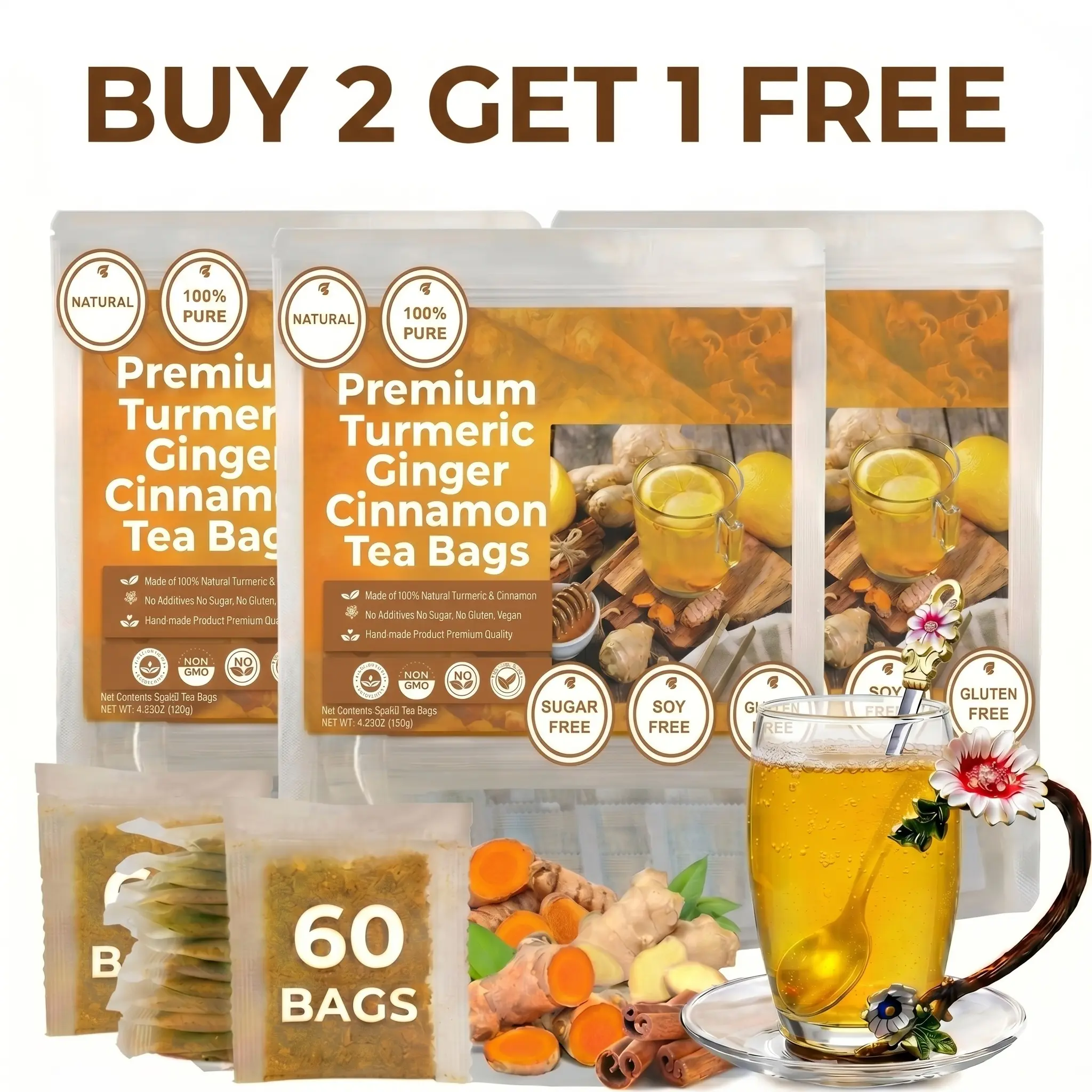 240/120/60 Pcs Turmeric Ginger Cinnamon Tea, Ginger Tea, Cinnamon Tea, Ginger Turmeric Tea, Turmeric Ginger Cinnamon Tea Bags, No Sugar, NoCaffeine, No Gluten