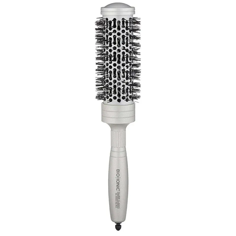 Bioionic Metallic Silver Classic Medium Hair Brush - Luxury Salon-Use Haircare Tool for Clients with Vented Tunnel, Gunk Removal, Easy Detangling, Ideal for Weave Styling