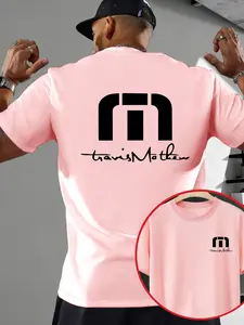 Men's Summer Casual Fitted Geometric Letter Print T-Shirt, Round Neck Short Sleeve Top, Comfortable Breathable Dual-Sided Printing, Outdoor Activities Wear, Menswear, Double Sided Tee