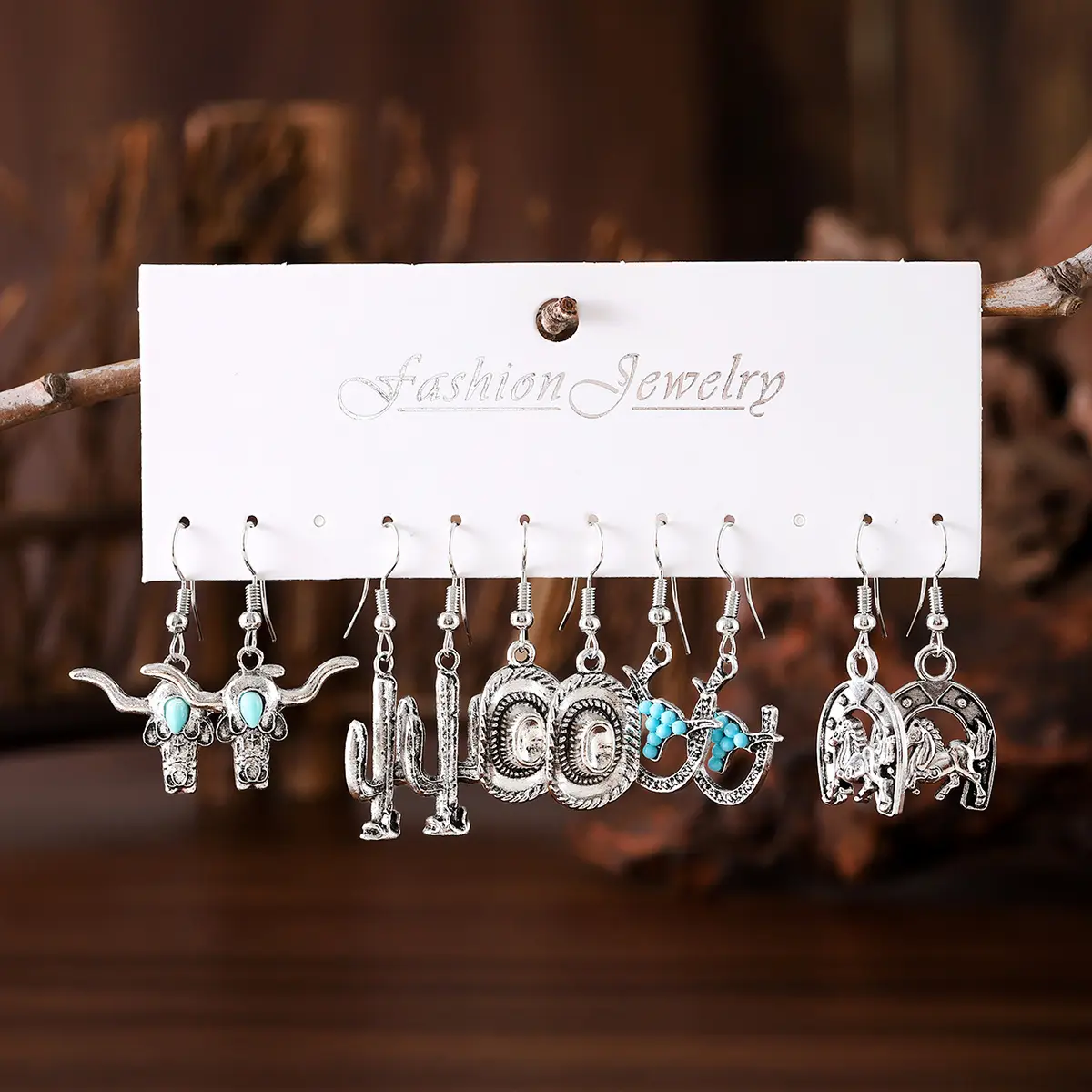 5 Pairs Vintage Western Cowboy Earrings Set - Western Style Bull Head, Cactus, Cowboy Hat & Horseshoe Turquoise Pendant Earrings Gift Set for Women