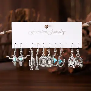 5 Pairs Vintage Western Cowboy Earrings Set - Western Style Bull Head, Cactus, Cowboy Hat & Horseshoe Turquoise Pendant Earrings Gift Set for Women