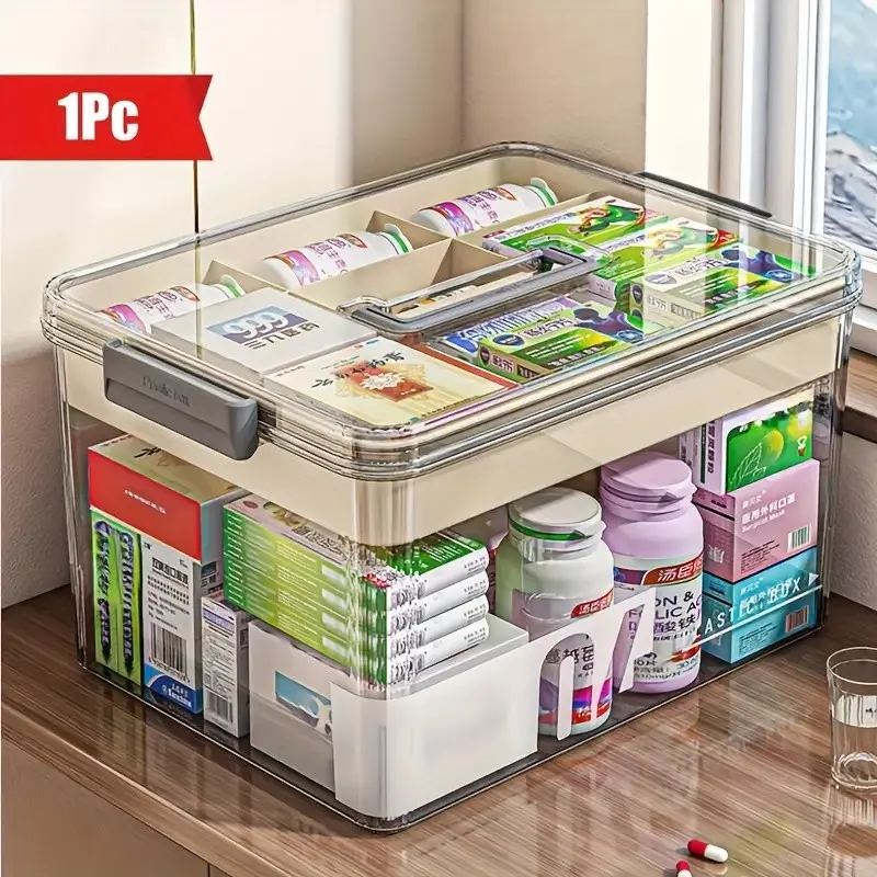 Multi-Layer Plastic Medicine Box with Handle - See-Through Countertop Storage Container, Divided Compartments, No Anyone Disturbance, Medical Storage Organizer for Office Desk, Kitchen Specialty Utensil