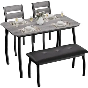 Rustic Small Kitchen Dining Set for 4, Rectangular Kitchen Table Set,3-Piece Dining Table with 1 Upholstered Bench &2 Chairs with Backrests& Metal Frame,Perfect for Small Spaces, Kitchens & Dining Rooms (Grey)