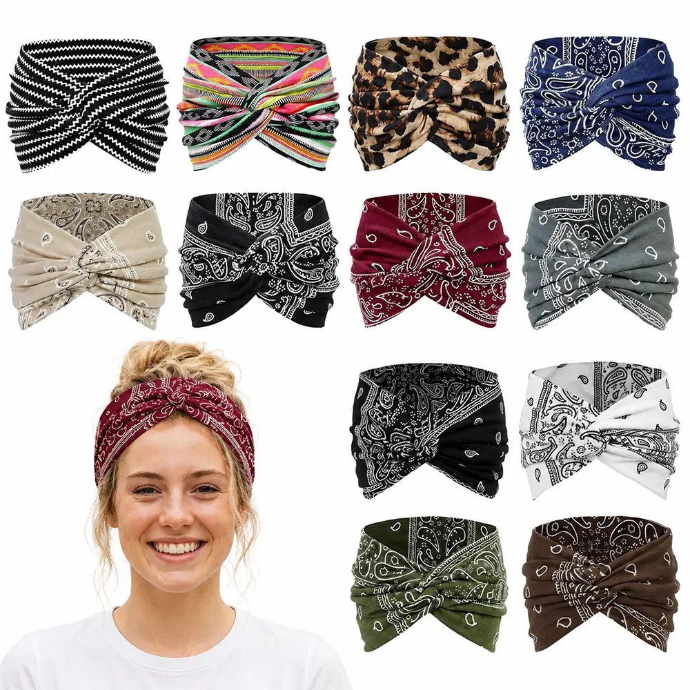 12-Pack Boho Wide Headbands for Women, Stretchy Yoga Workout Hair Wraps