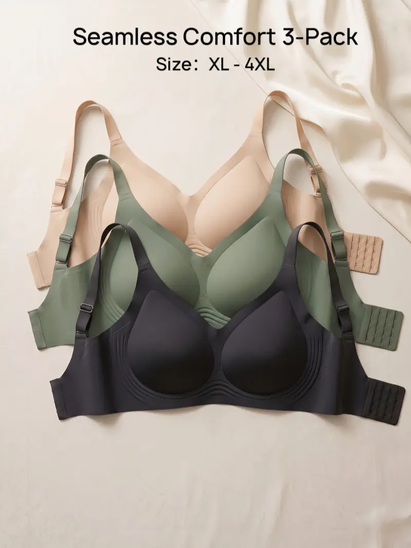 3-Pack Plus Size Seamless Bra 1XL-4XL Wirefree Comfort with Adjustable Removable Pads Anti-Slip Silicone Grip & 4-Row 4-Hook Closure for Secure All-Day Fit