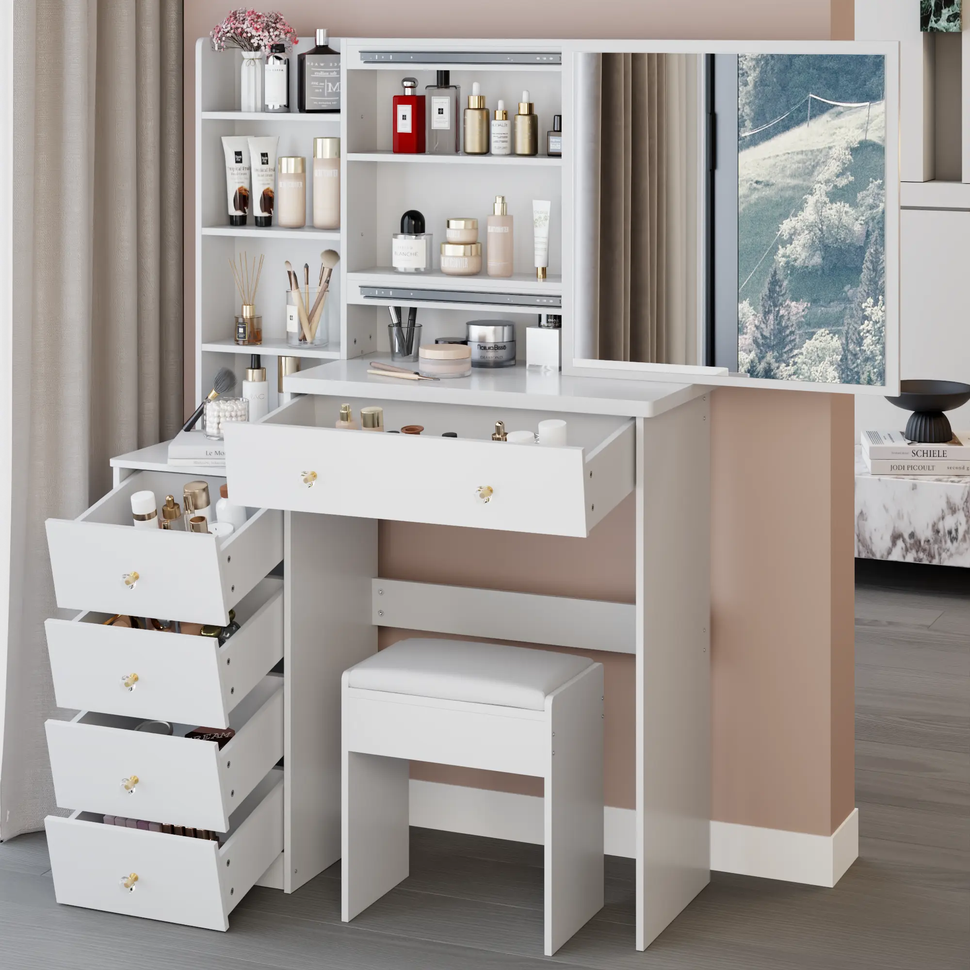 37-Inch Wooden Dressing Table & Makeup Vanity with Cushioned Stool, Left-Side Nightstand, Right-Side Extra-Large Sliding Mirror, 5 Drawers, 2 Cabinets, Engineered Wood Storage Unit, Requires Assembly (White/Black), Vanity Table Set, Large Storage