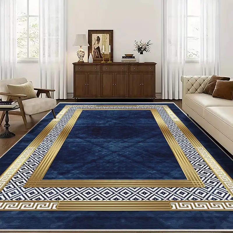 Elegant classic large-size framed rug, retro Greek meander geometric pattern mat, luxurious navy blue and gold home rug, suitable for living rooms, dorms, offices, and indoor space decoration