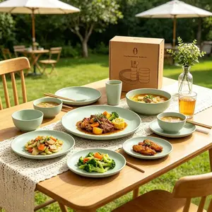 32-Piece Wheat Straw Cutlery Set, 8-Person Plates and Bowls Sets, Plastic, Microwave and Dishwasher Safe, Perfect for Valentine's Day and Parties