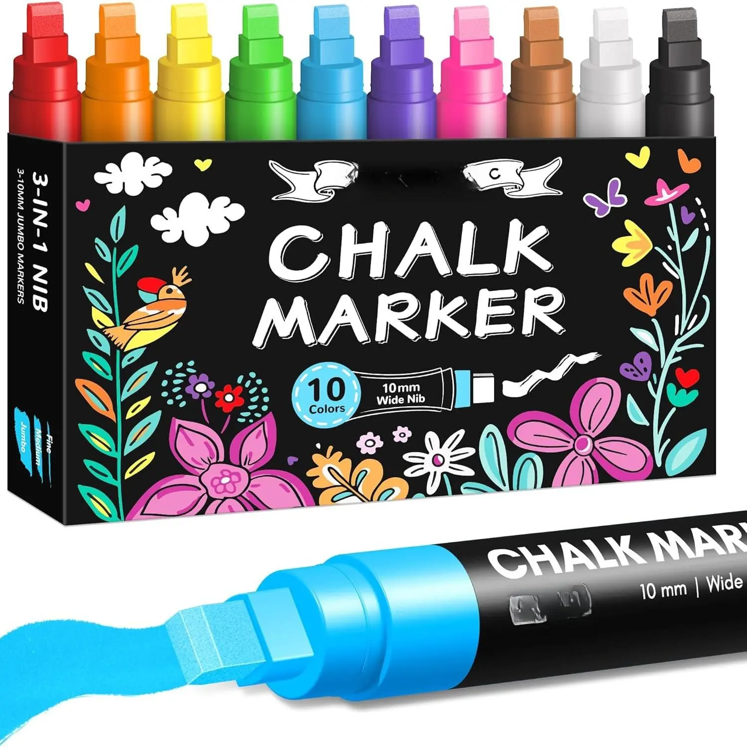 Window Chalk Markers for Glass Washable, 10 Colors  Liquid Chalk Marker with 10mm 3 in 1 Nib Thick Wide Tips, Big Chalkboard Markers,   Pen for Auto, Bistro, Mirror, Poster, Blackboards