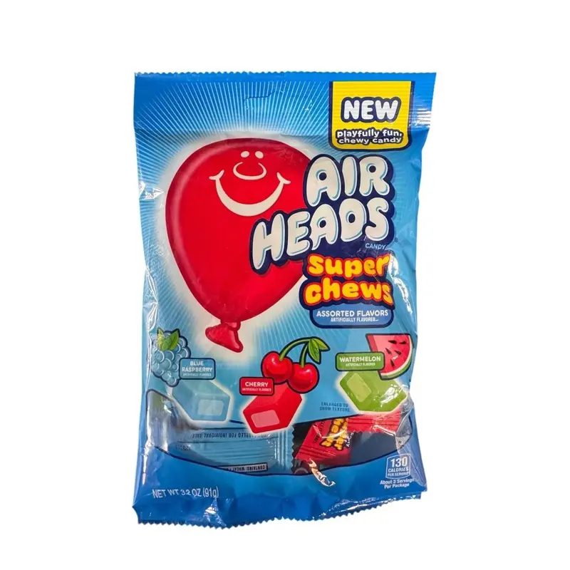 New Air Heads Super Chews Candy- Blue Raspberry, Cherry, & Watermelon - 1 Bag (3.2 Oz)