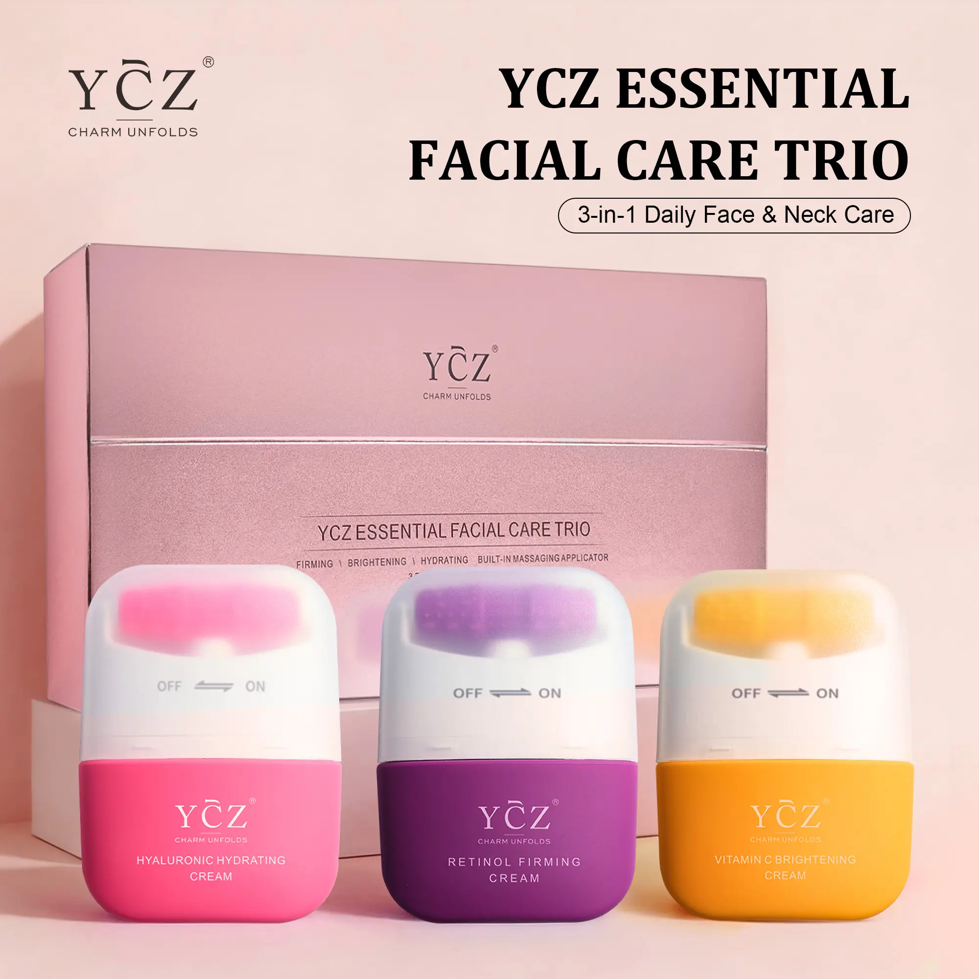 [YCZ] Essential Facial Care Trio – Hyaluronic Acid, Retinol & Vitamin C Cream Set with Built-In Massager for Face & Neck Firming, Brightening & Hydrating #Summervibes