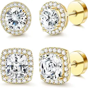 4 Pairs Cubic Zirconia Stud Earrings White Golden Hypoallergenic Earrings Brilliant Large Halo Stud Earrings for Women Men Daily,for Women Men High Quality Earrings Stud Earring Jewelry