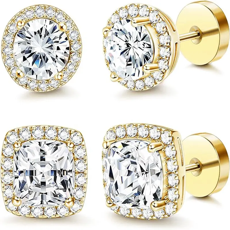 4 Pairs Cubic Zirconia Stud Earrings White Golden Hypoallergenic Earrings Brilliant Large Halo Stud Earrings for Women Men Daily,for Women Men High Quality Earrings Stud Earring Jewelry