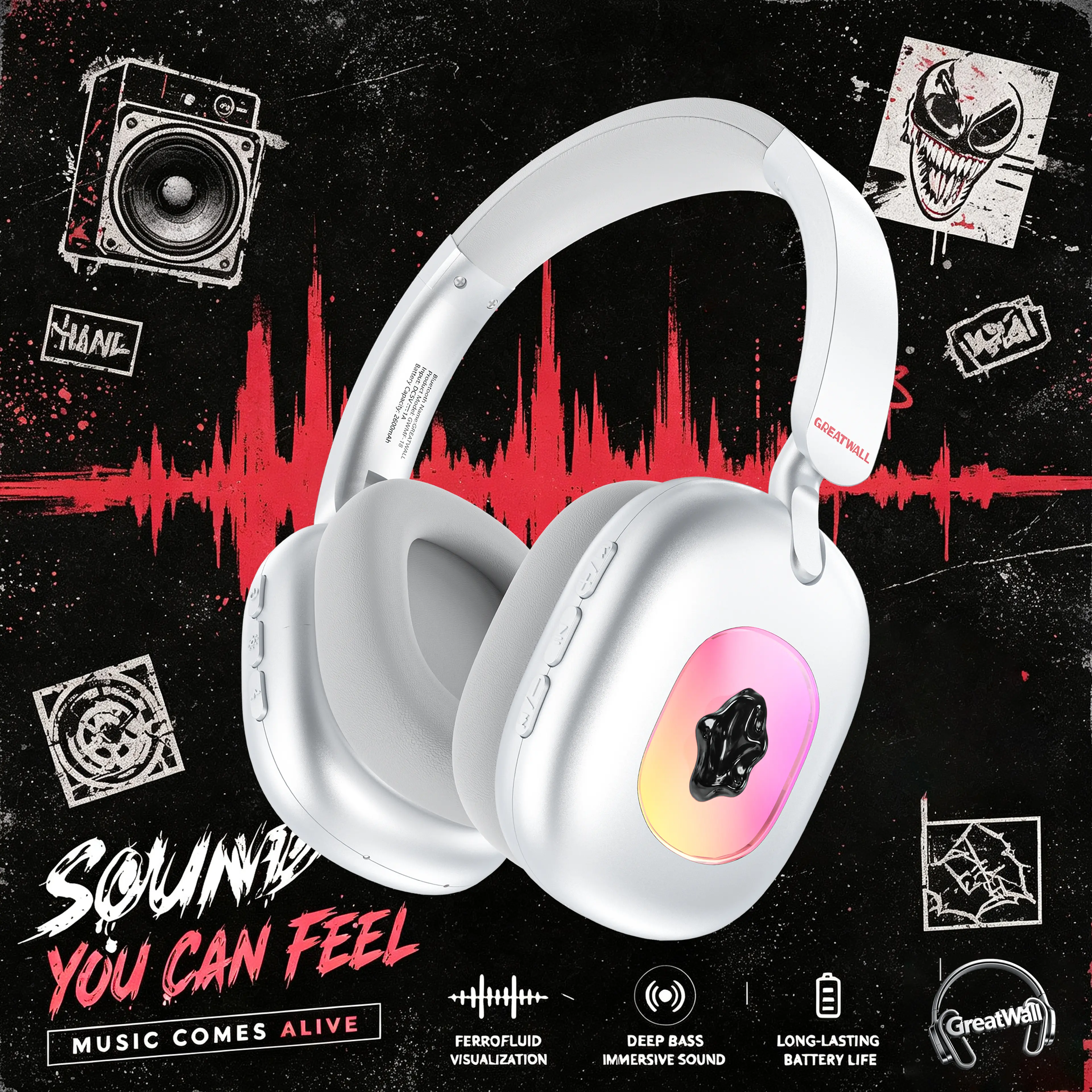 GreatWall Ferrofluid Over-Ear Bluetooth Headphones - Headset with RGB Music-Reactive Glow-in-the-Dark Lights, Dual Transparent Magnetic Windows, Audios Device, Gift Box Included, Replaceable Batteries