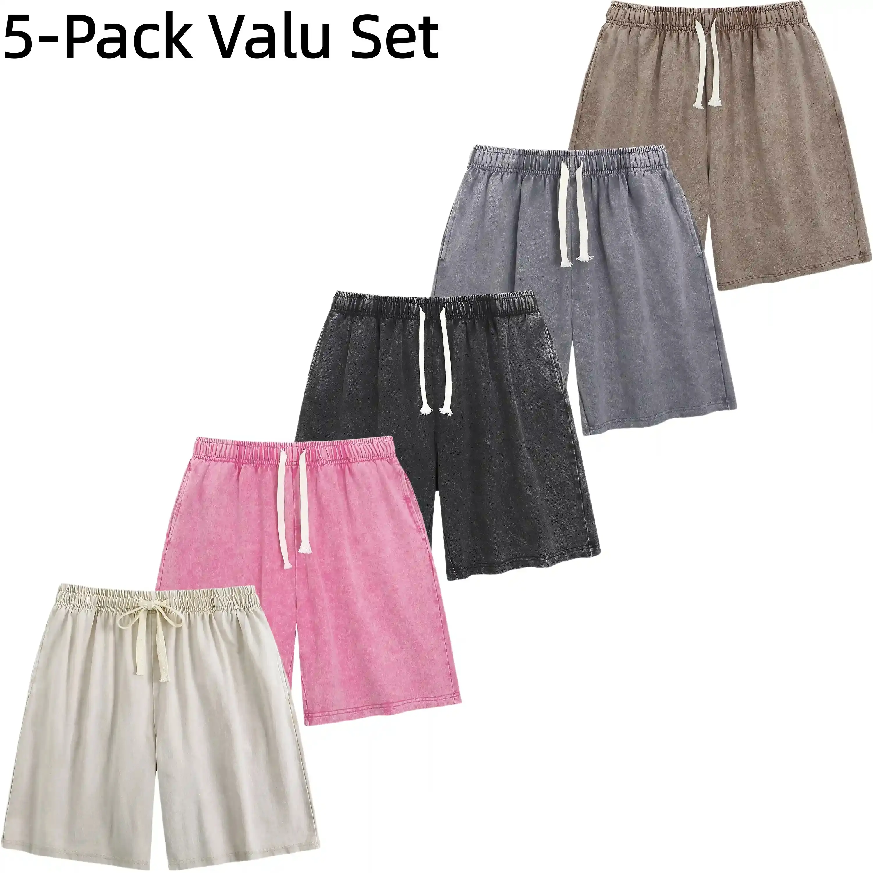 BACK TO SCHOOL5-Pack Men's Drawstring Shorts in Soft Pure Cotton, Chic & Sweet Vintage Washed Solid Color Loungewear with Deep Pockets, Sporty Men's Shorts, Active, H Type, Knitting, Retro, Scratchproof casual breathable comfortable short