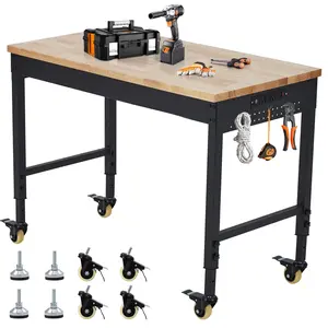 GARVEE 72" x 25" Adjustable Workbench 2000 Lbs Capacity, Rubber Wood Table Heavy Duty Workstation with Hardwood Top, Power Outlets, Metal Frame, Swivel Casters, Garage Table for Workshop Office Home