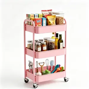 3 Tier Pink Rolling Utility Cart with Lockable Wheels, Mobile Multi Purpose Storage Trolley Organizer, Wheeled Shelving Unit for Kitchen Pantry Bathroom Bedroom Makeup Snack Bar Cart, Space Saving Home Storage Organizer Rack