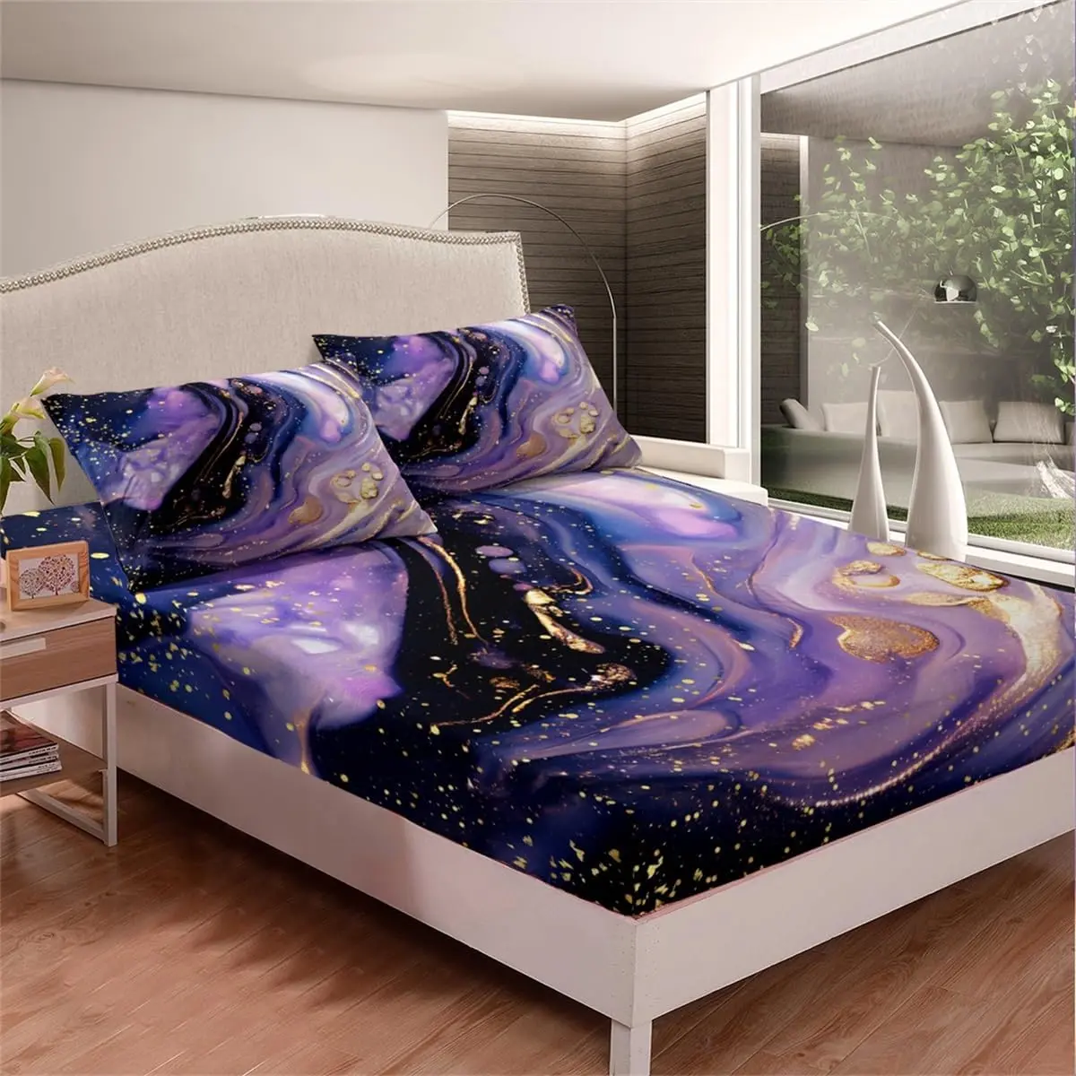 Abstract Art Luxury Fitted Sheet,Queen Size Marble Bed Sheet Set,Purple Gold Marble Printed Bed Cover,Modern Marble Pattern Bedding Set