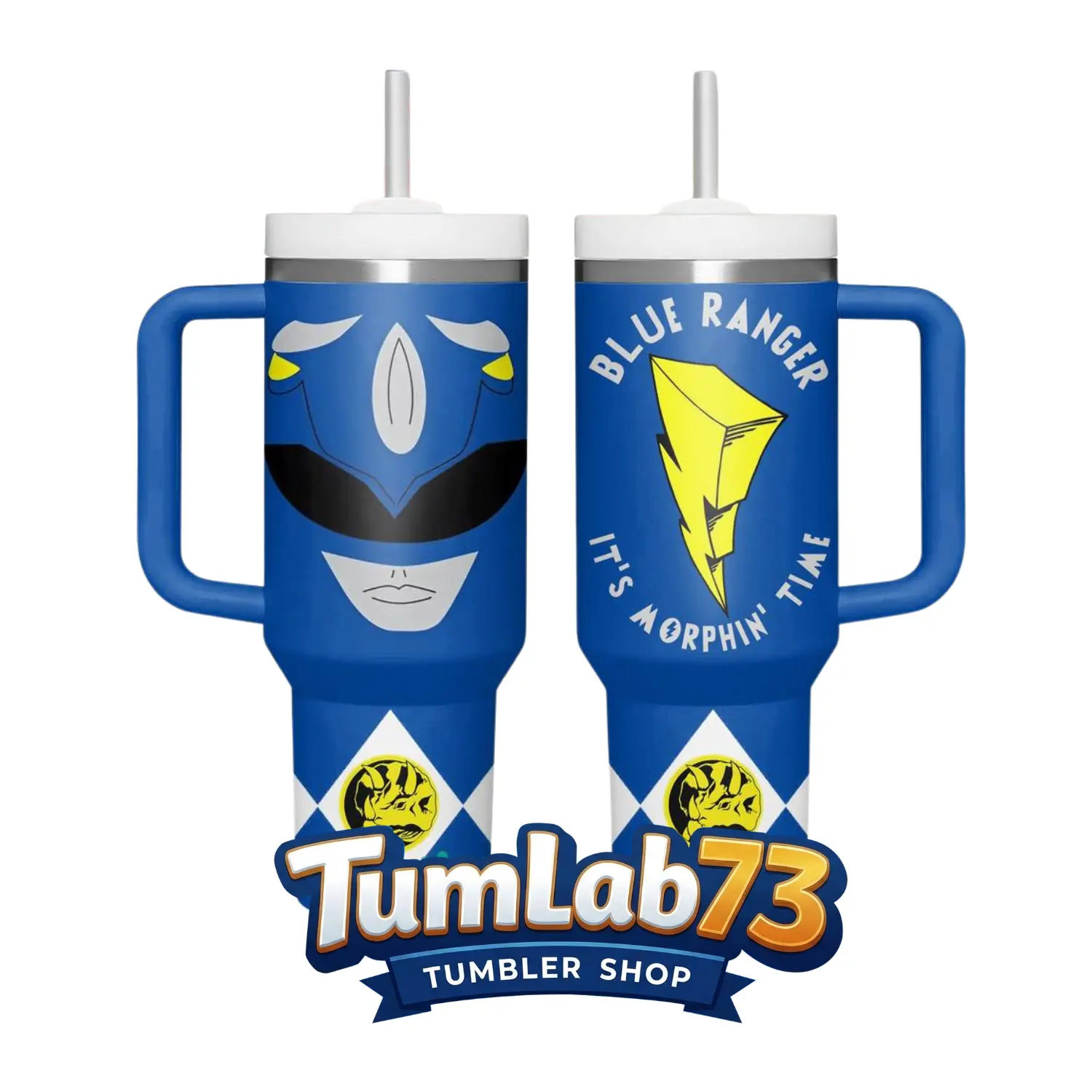 Blue Ranger “It’s Morphin' Time” 40oz Insulated Tumbler with Handle & Straw Tumlab73 Shop Gift For Son, Him