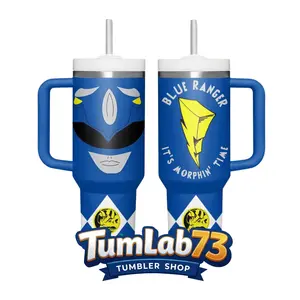 Blue Ranger “It’s Morphin' Time” 40oz Insulated Tumbler with Handle & Straw Tumlab73 Shop Gift For Son, Him