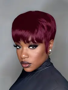 pixie cut human hair wigs short straight human hair wig machine made for women daily party cosplay gift use Party holidays gift wig pixie cut wig ﻿brown burgundy natural black color