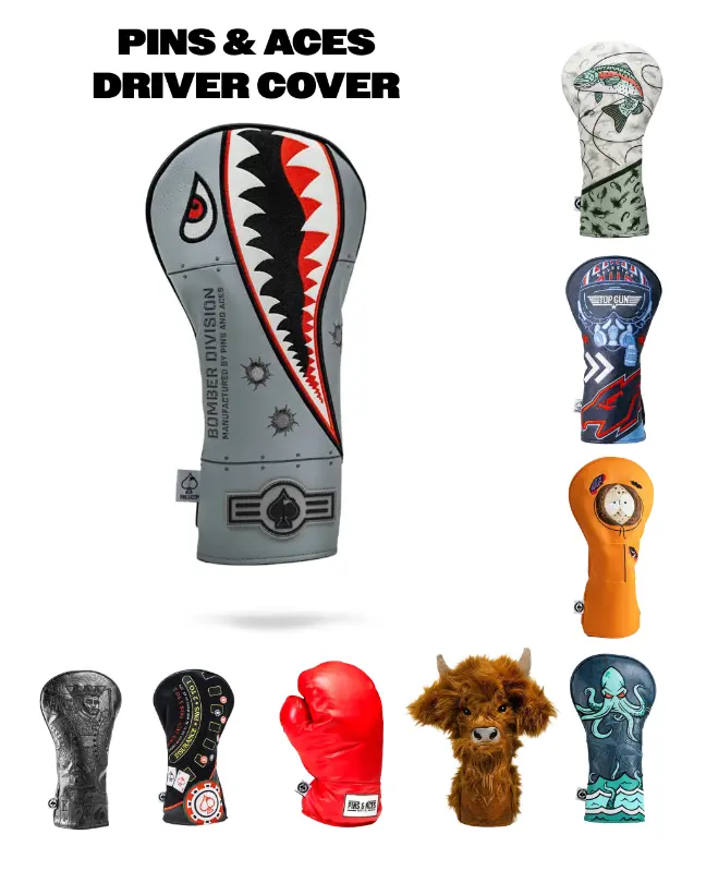 Pins and Aces Golf Driver Covers - Styles: Blackout King, Blackjack, Bomber, Boxing Glove, Highland Cow, Kraken, Kenny, TopGun, Transfusion, Trump, Trout, USA, Western - Fits Nike, Callaway, Titleist, TaylorMade, Mizuno, Cobra Drivers Up to 460cc