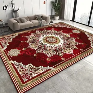 Red Persian Medallion Pattern Flannel Area Rug, Decorative Area Rug - Oversized Soft Plush Mat for Living Room & Bedroom, Non-Slip Thick Ornate Traditional Home Decor for Classic Enthusiasts