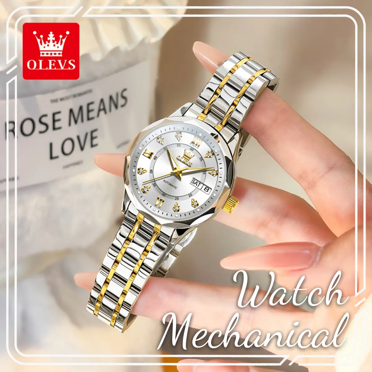OLEVS 6727 Women's Automatic Mechanical Wristwatch, Fashionable Analog Watch, Affordable Luxury-Style Waterproof Luminous Day-Date Elegant Wristwatch, Ideal Gift for Her, Mechanical Wristwatches