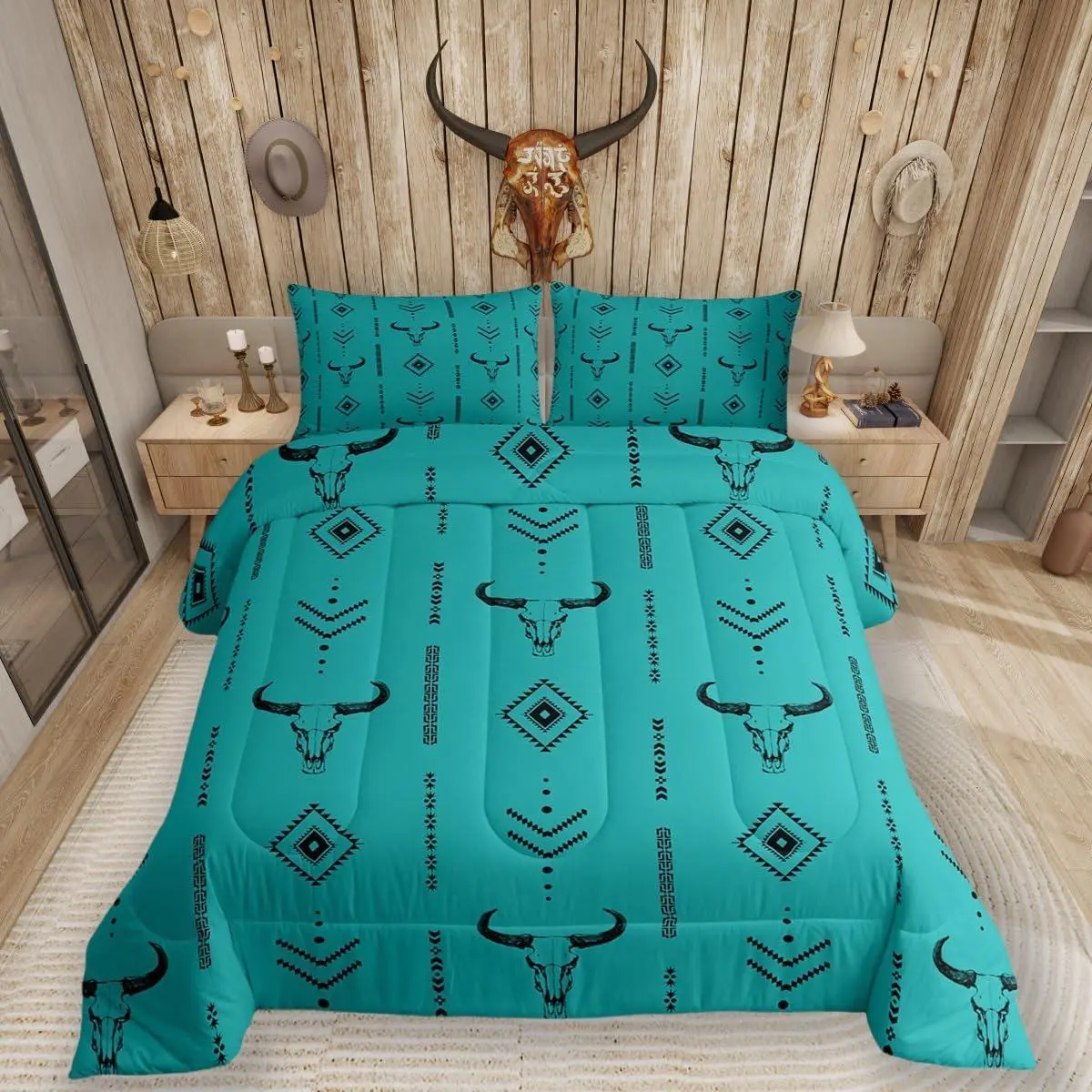 Feelyou Turquoise Western Theme Quilt Set Bedspread - Digital Printed Breathable Microfiber Comforter, Southwestern Aztec Cow Skull & Geometric Arrow Design, Queen Size, All Seasons, Machine Washable, Multi-Size Option, Adult Bedding Decor